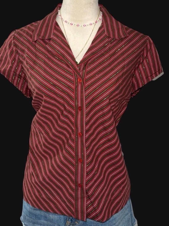 Faded Glory Tops - Faded Glory Burgundy and Pink Striped Button-Down Blouse